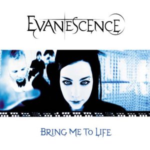 Album cover for "Bring Me To Life" by Evanescence. It is a picture with Amy Lee, vocalist of the Evanescence, in the forefront. In the background are the other three members of the band. The colours are black, white and light blue.